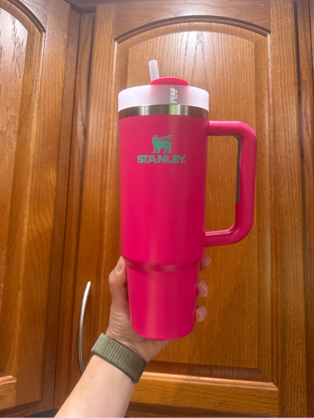 Stanley Bright Pink Travel Tumbler with Handle and Straw Lid